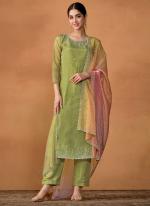 Organza Green Casual Wear Crystal Work Straight Suit